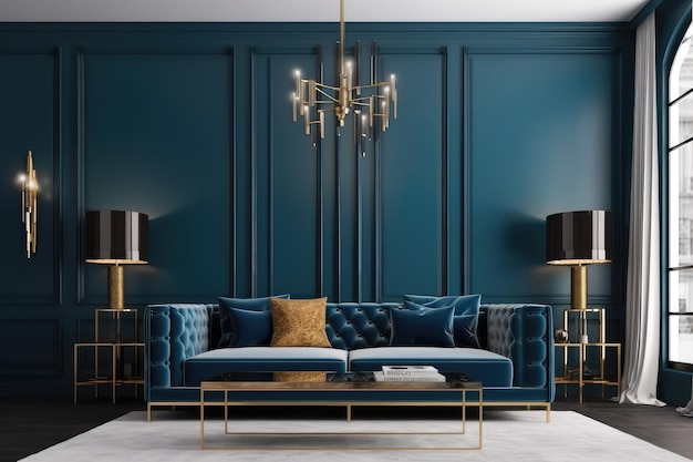 Interno del soggiorno con divano blu rendering 3d Illustrazione generata da AI