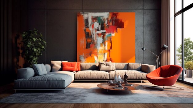 Interno del soggiorno con divano casa moderna Illustratore di intelligenza artificiale generativa