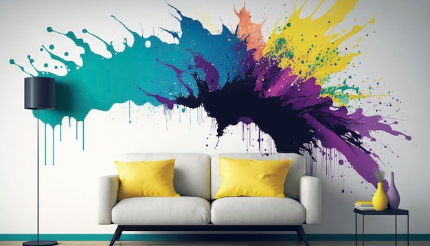 Interno del soggiorno con divano con schizzi di vernice stampati ai generativi