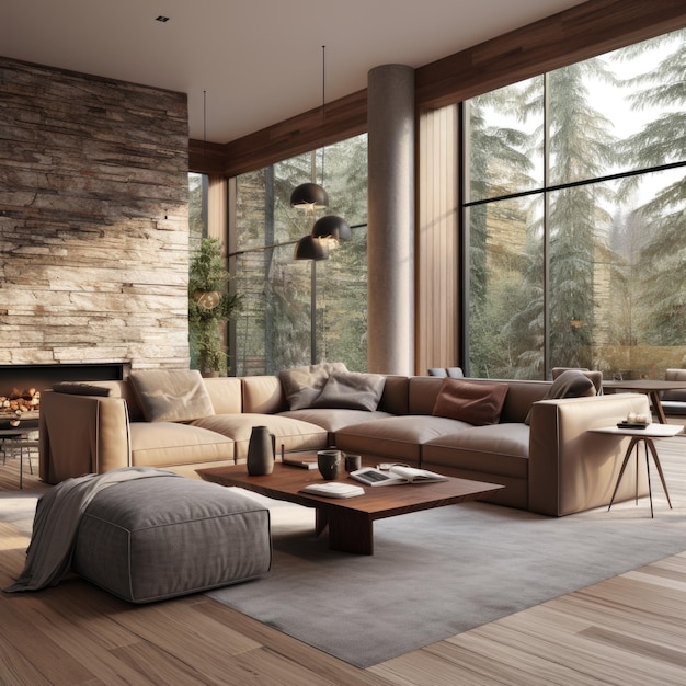 Interno del soggiorno con divano rendering 3d