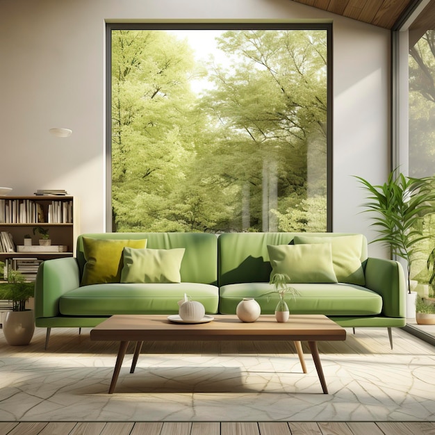 Interno del soggiorno con divano verde e tavolo da caffè con luce solare