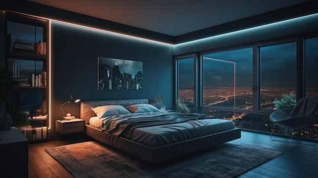 Interno del soggiorno con finestra panoramica di notte appartamento buio con vista futuristica della città al neon AI generato