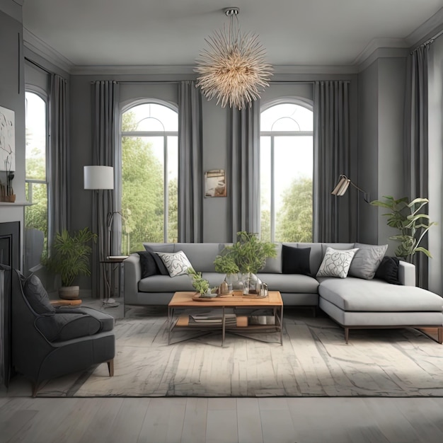 Interno del soggiorno con pareti grigie, pavimento in legno, divano grigio e tavolino, rendering 3d