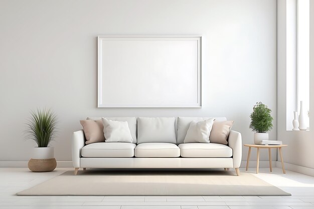 Interno del soggiorno con un divano bianco, un tavolo da caffè e un poster vuoto sulla parete
