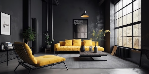 Interno del soggiorno giallo e nero dell'appartamento moderno