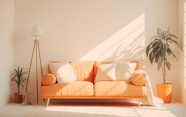 Interno del soggiorno in tinta unita monocromatica Semplice concetto di design interno a un colore