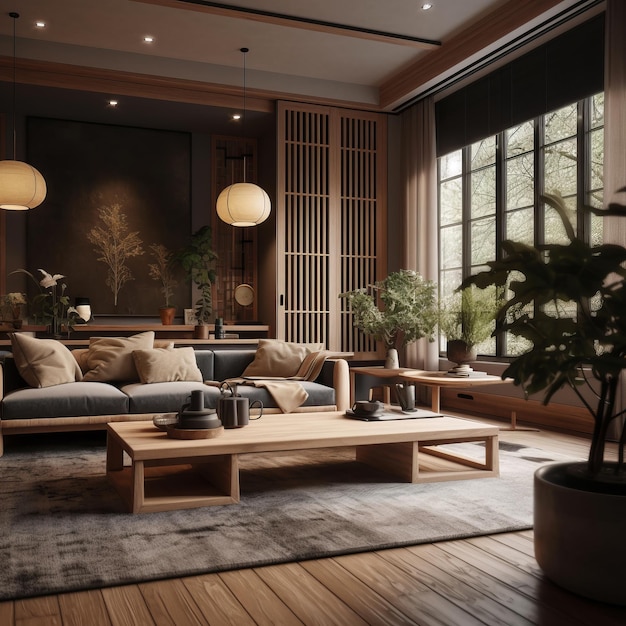 Interno del soggiorno in una casa moderna in stile Japandi