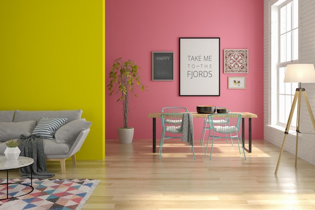 Interno del soggiorno moderno con divano e mobili 3D rendering