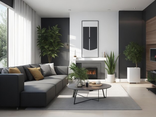 Interno del soggiorno moderno con divano grigio e camino 3d render