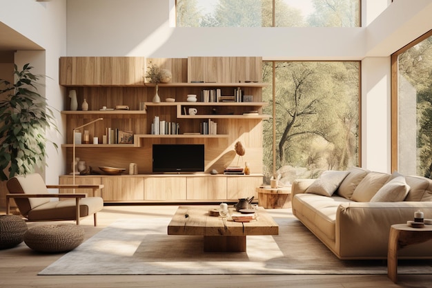 Interno del soggiorno moderno con divano, tavolino e libreria