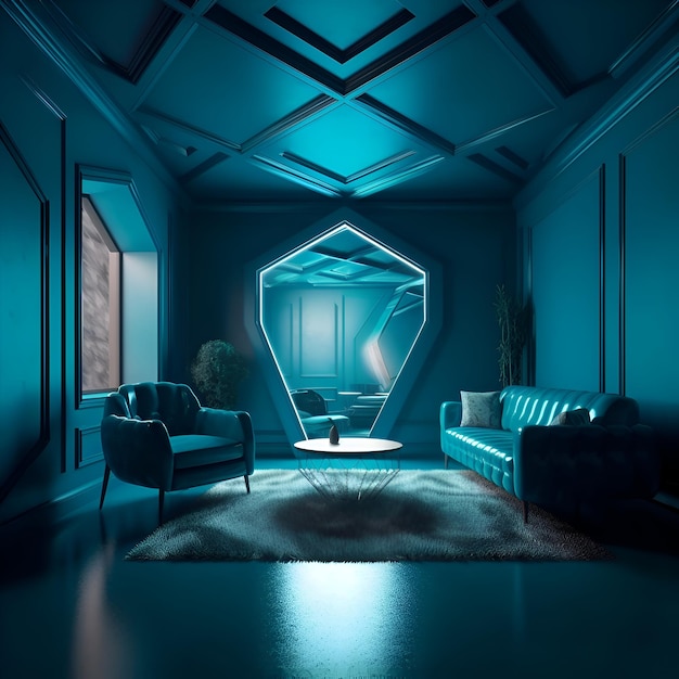 Interno del soggiorno moderno con pareti blu