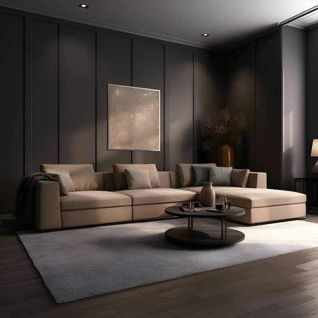 Interno del soggiorno moderno con pareti marroni e pavimento in legno