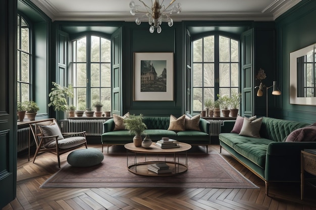 Interno del soggiorno moderno con pareti verdi pavimento in legno divano verde e tavolo da caffè rotondo ai generativo