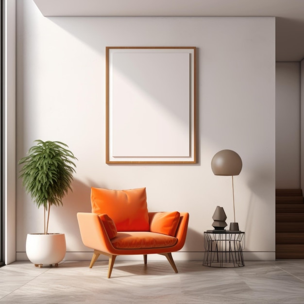 Interno del soggiorno moderno con poster e poltrona arancione rendering 3d