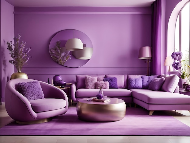 Interno del soggiorno moderno in tonalità viola lilla Mobili dal design moderno in viola