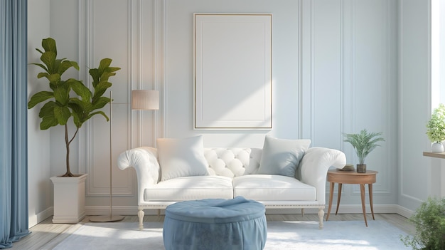 Interno del soggiorno moderno luminoso e ventilato con divano bianco