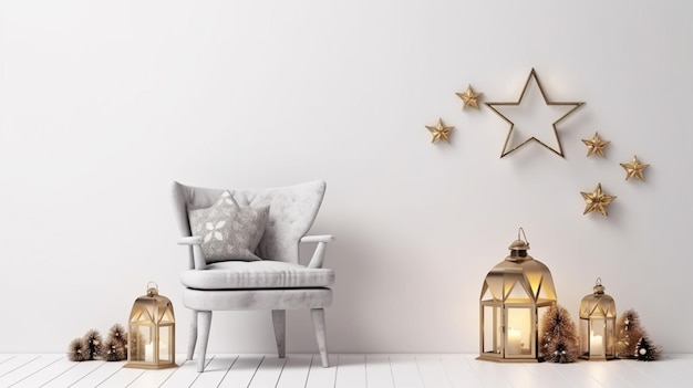 Interno del soggiorno natalizio con poltrona in velluto, cuscino, stelle e lanterne sul muro bianco