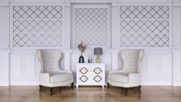 Interno del soggiorno nei toni del bianco con sedia e tavolo di lusso, rendering 3d dal design classico