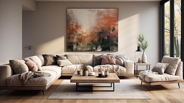 Interno del soggiorno scandinavo in stile minimalista