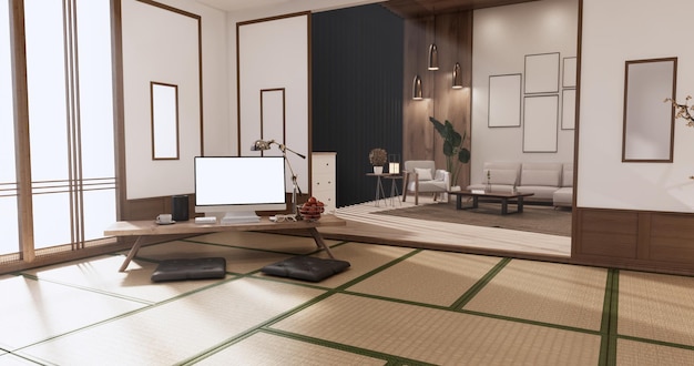 Interno del soggiorno su computer da pavimento in tatami su tavolo basso e rendering pillow3D