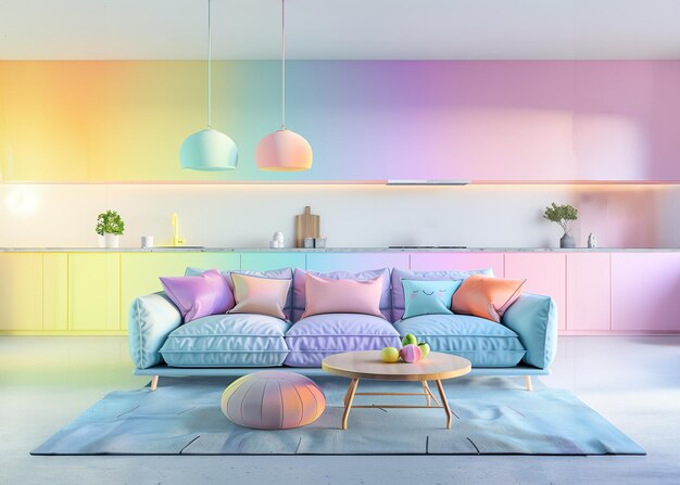 Interno del soggiorno vuoto di colore arcobaleno Divano pastello al centro