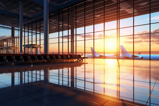 Interno del terminal dell'aeroporto con la riflessione del cielo al tramonto e dell'aeroplano