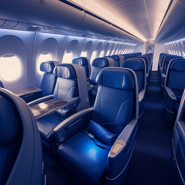 Interno dell'aereo con sedili in pelle blu