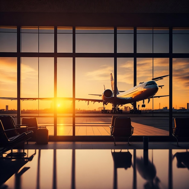 Interno dell'aeroporto della foto con il tramonto della finestra