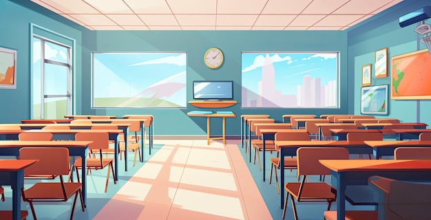 Interno dell'aula scolastica Illustrazione vettoriale in stile cartone animato Concetto di istruzione