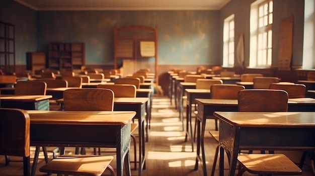 interno dell'aula scolastica moderna con sedie vuote e libri in classe