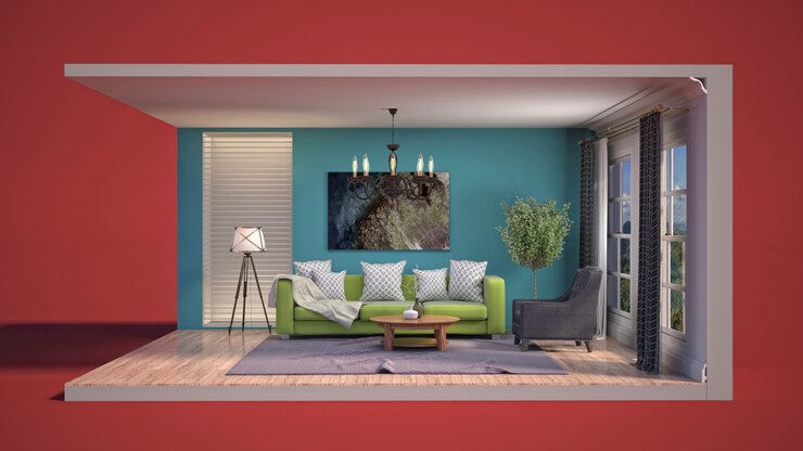 Foto interno dell'illustrazione del salone in una scatola