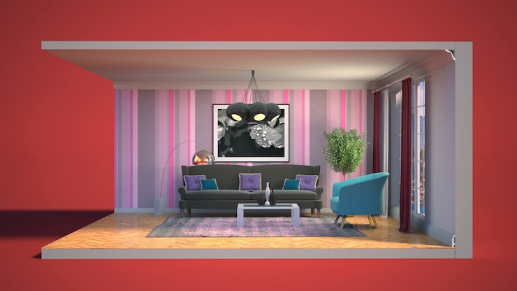 Foto interno dell'illustrazione del salone in una scatola