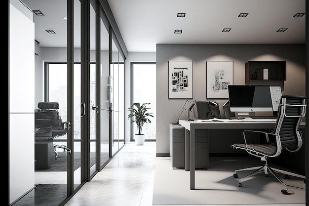 Interno dell'ufficio con pareti bianche, pavimento piastrellato, tavolo da computer grigio con sedie che lo circondano e l'ufficio del CEO a destra con pareti di vetro
