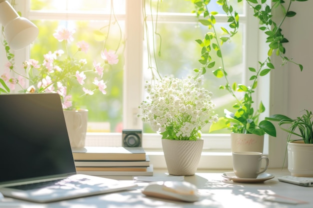 Interno dell'ufficio domestico con piante di portatile da scrivania libro e decorazione primaverile in casa accogliente AI generativa