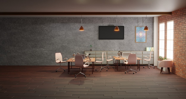 Interno dell'ufficio open space con pareti a soppalco, rendering 3d mock up