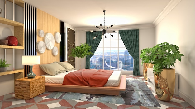 Interno della bella camera da letto nell'illustrazione della rappresentazione 3d