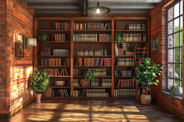 Interno della biblioteca con parete di mattoni rossi e scaffali per libri