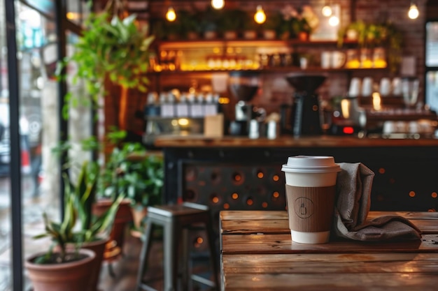 Interno della caffetteria Caffè da asporto e accessori sul tavolo