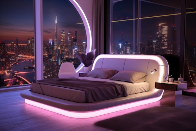 Interno della camera da letto con illuminazione al neon bianca