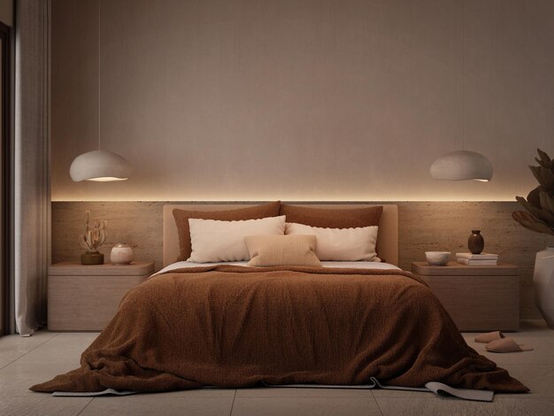 Interno della camera da letto con illuminazione Progettazione di lettiera marrone rendering 3D