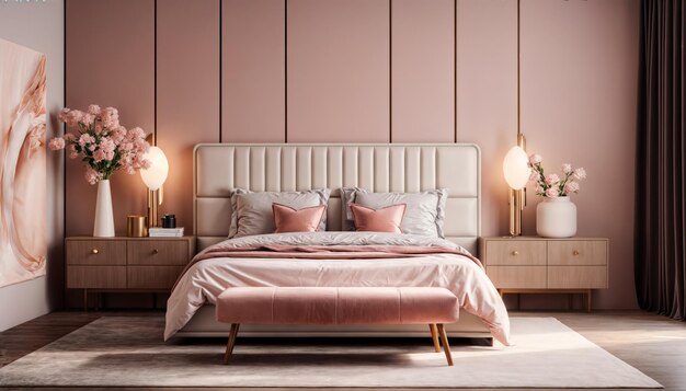 Interno della camera da letto con parete rosa e letto di legno rendering 3d