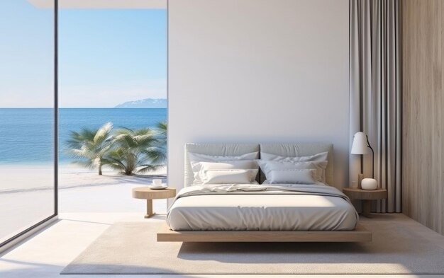 Interno della camera da letto con una serena vista sul mare