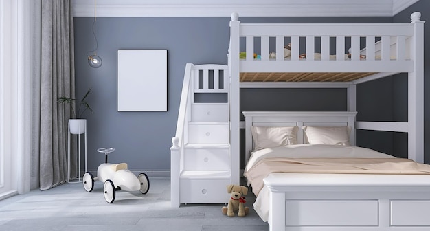 Interno della camera da letto dei bambini con il modello di cornice per foto del letto a castello tende dal design minimale