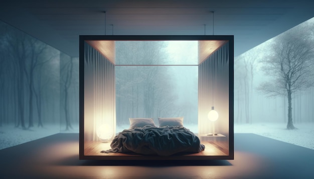 Interno della camera da letto in una nebbiosa notte invernale IA generativa