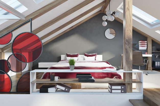 Interno della camera da letto mansardata con pareti grigie, un letto king size rosso e un ufficio domestico. Uno stile bellissimo. Rendering 3d mock up