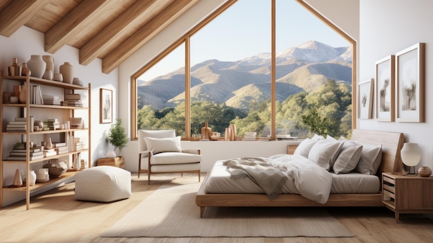 Interno della camera da letto minimalista in stile scandinavo in una villa di lusso Pavimento in legno semplice letto in legno ed elementi di arredo zona relax finestre panoramiche con paesaggio scenico Ecodesign rendering 3D