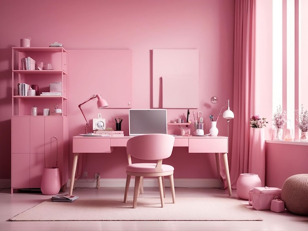 Interno della camera in tinta unita tinta unita rosa con scrivania e accessori per la camera