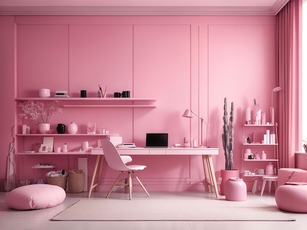 Interno della camera in tinta unita tinta unita rosa con scrivania e accessori per la camera