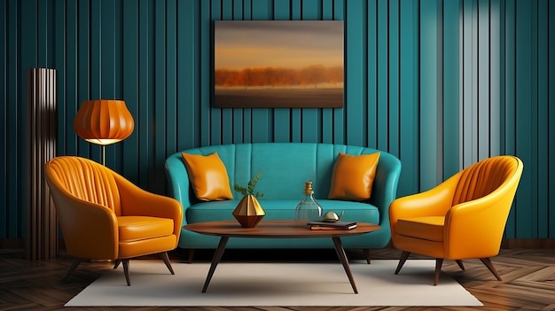 Interno della casa con divano, tavolo e decorazione in salotto verde AI generativa