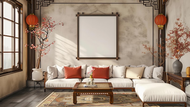 Interno della casa con un divano, un tavolo da caffè e un quadro da parete